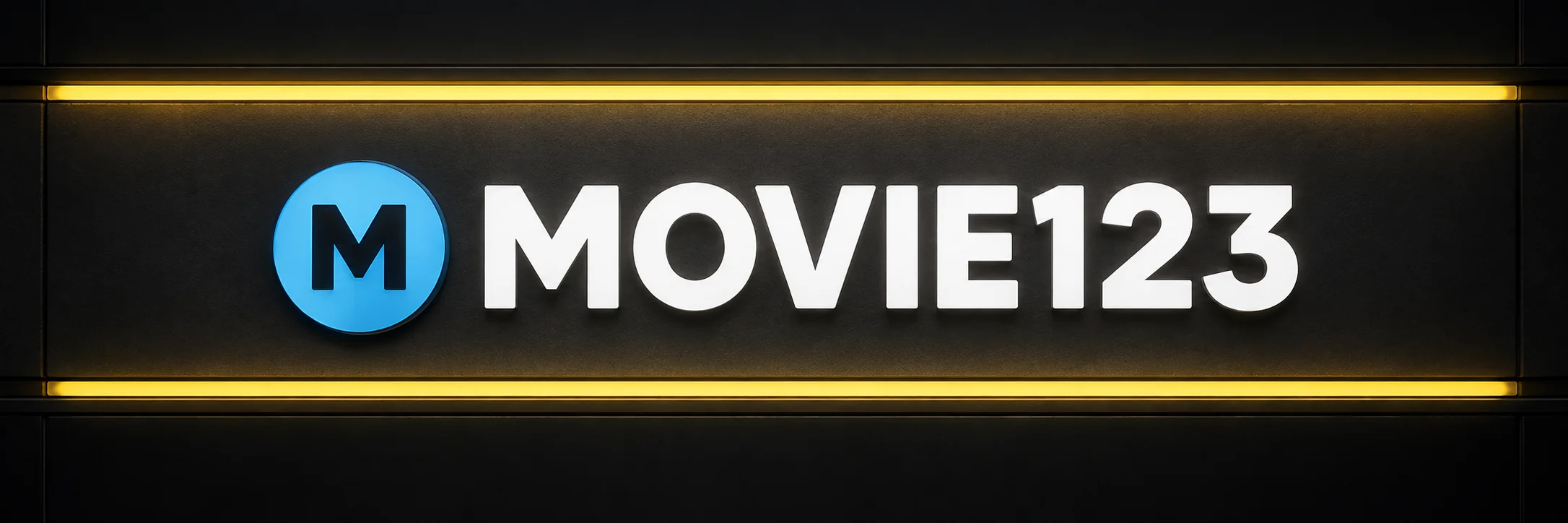 Movie123 white wordmark with a blue M badge and yellow cinema lights